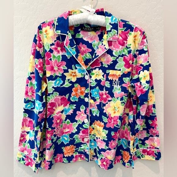 RALPH LAUREN | Navy Floral Pajama Top Embroidered Monogram | Size Medium - Picture 1 of 7